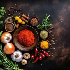 Kompozycja z cebulą, czosnkiem, ziołami i przyprawami, w tym papryką i kurkumą, idealna do przygotowania aromatycznego gyrosa.