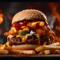 Soczysty burger z serem, frytkami i piklami, polany sosem amerykańskim, na tle płomieni.
