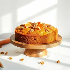 Pyszne ciasto bez glutenu, ozdobione pomarańczą i orzechami, prezentuje się apetycznie na drewnianej podstawce.