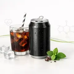 Czy cola zero jest zdrowa? Na zdjęciu puszka i szklanka z napojem, kostki lodu, mięta i wzory chemiczne.