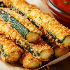Chrupiące paluszki z cukinii z patelni, panierowane i złociste, podane z sosem pomidorowym.