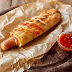 Pyszny hot dog francuski w bułce, polany keczupem i posypany serem, z sosem na boku.