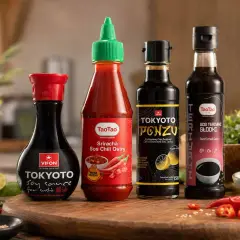 Cztery butelki sosów: sos sojowy, Sriracha, Ponzu i Teriyaki, gotowe do sushi.