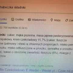 Szukasz informacji, ile kcal ma babeczka Wedel? Na ekranie widać składniki tej słodkości: cukier, mąka, krem czekoladowy.