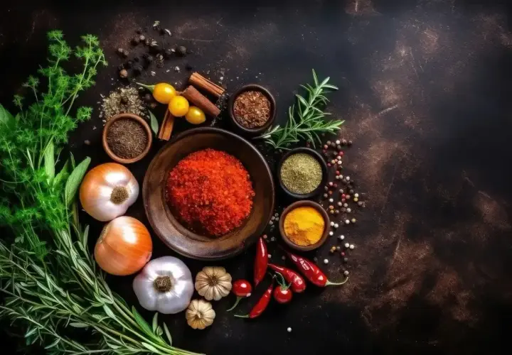Kompozycja z cebulą, czosnkiem, ziołami i przyprawami, w tym papryką i kurkumą, idealna do przygotowania aromatycznego gyrosa.