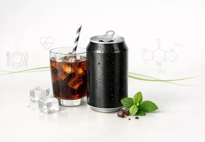 Czy cola zero jest zdrowa? Na zdjęciu puszka i szklanka z napojem, kostki lodu, mięta i wzory chemiczne.