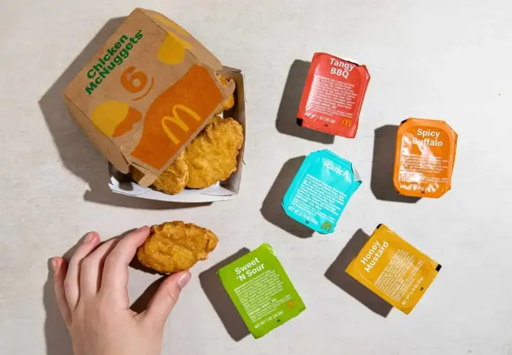 Ręka sięga po McNuggetsy z pudełka McDonald's, obok sosy: Tangy BBQ, Spicy Buffalo, Ranch, Sweet 'N Sour i Honey Mustard.