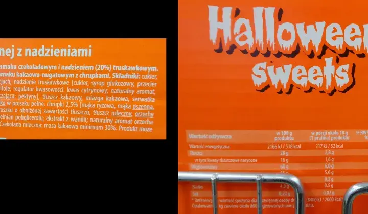 Praliny z czekolady mlecznej z nadzieniem mają 52 kcal w porcji ok. 10g.