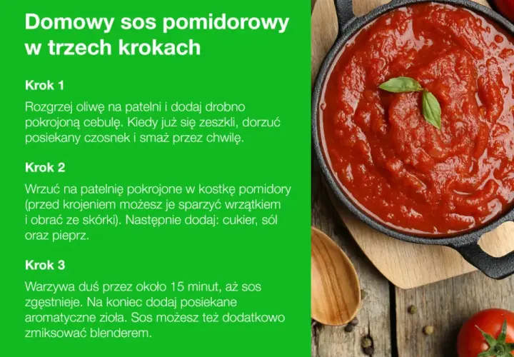 Jak zrobić sos pomidorowy: krok po kroku. Na patelni podsmaż cebulę i czosnek, dodaj pomidory, przyprawy i duś. Na koniec zioła.