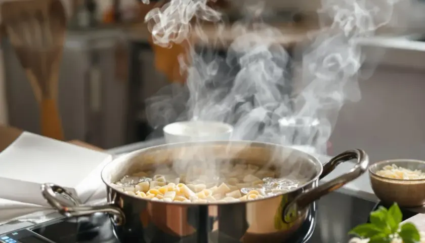 Para podgrzać makaron z sosem, gotuj go w garnku na kuchence indukcyjnej. Para unosi się nad gotującym się makaronem.