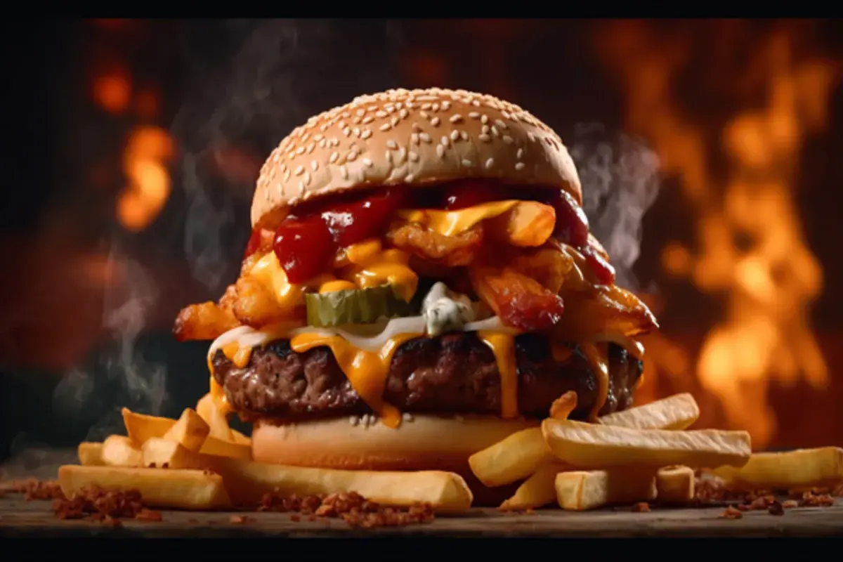 Soczysty burger z serem, frytkami i piklami, polany sosem amerykańskim, na tle płomieni.