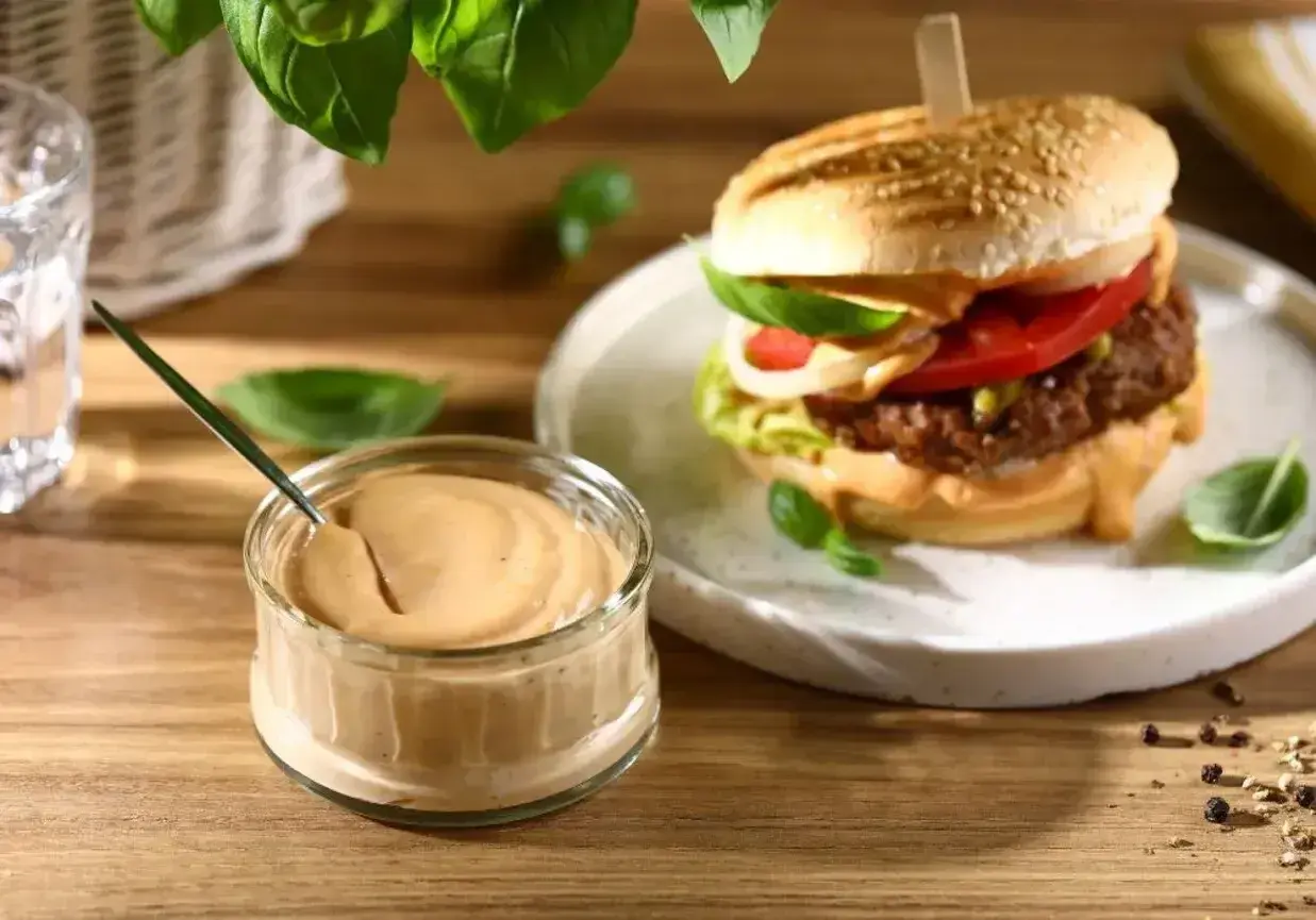 Pyszny sos do burgera w słoiczku obok soczystego burgera z pomidorem i sałatą. Idealny dodatek do każdej kanapki.