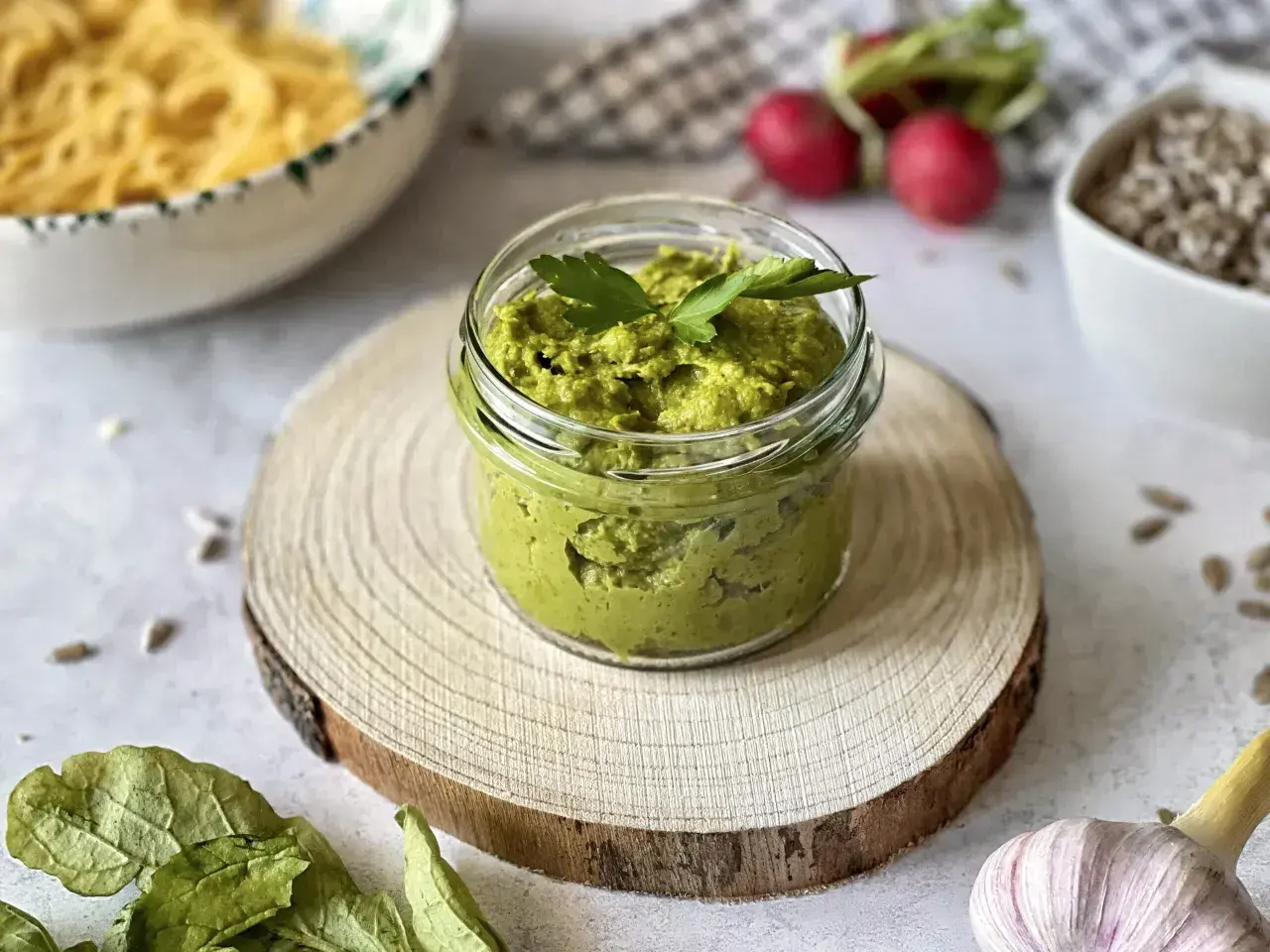 Pesto z liści rzodkiewki w słoiczku, ozdobione natką pietruszki. Obok makaron, rzodkiewki i czosnek.