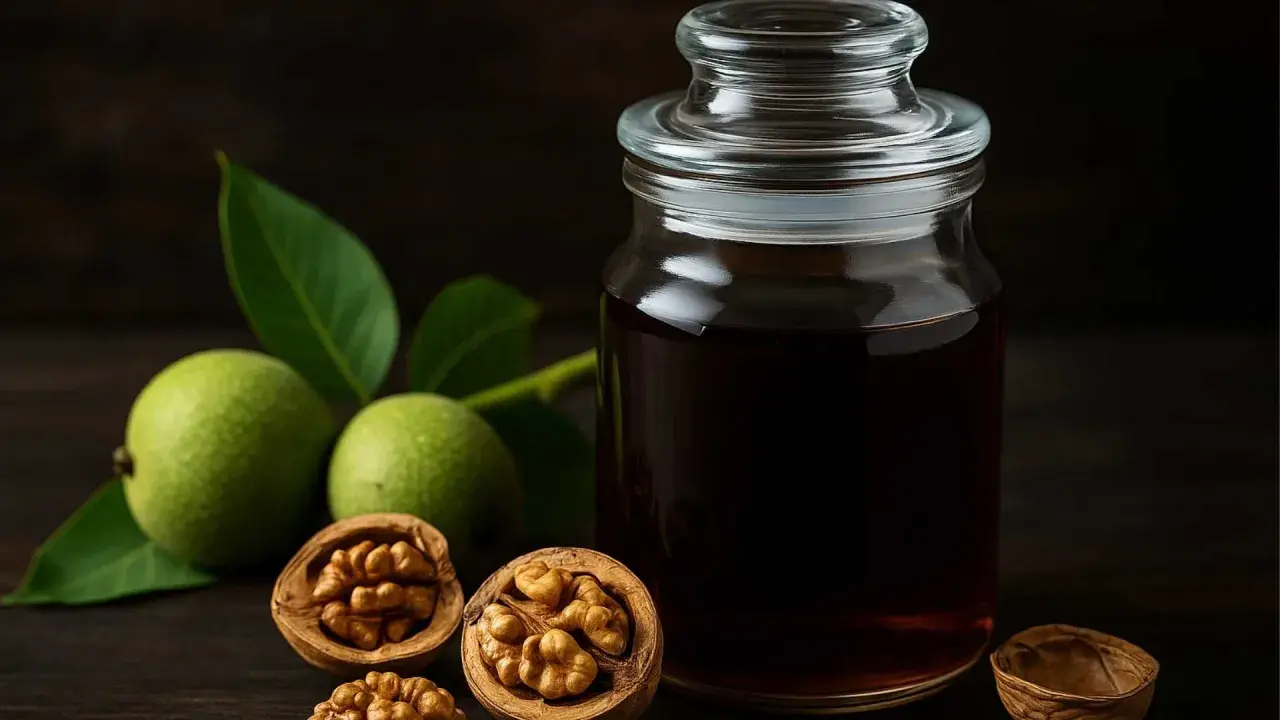 Słoik z ciemną nalewką z orzecha włoskiego, obok zielone orzechy i łupiny.
