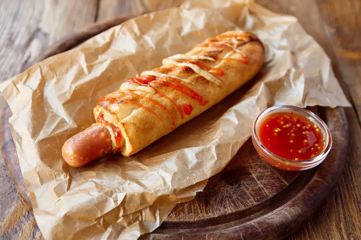 Pyszny hot dog francuski w bułce, polany keczupem i posypany serem, z sosem na boku.