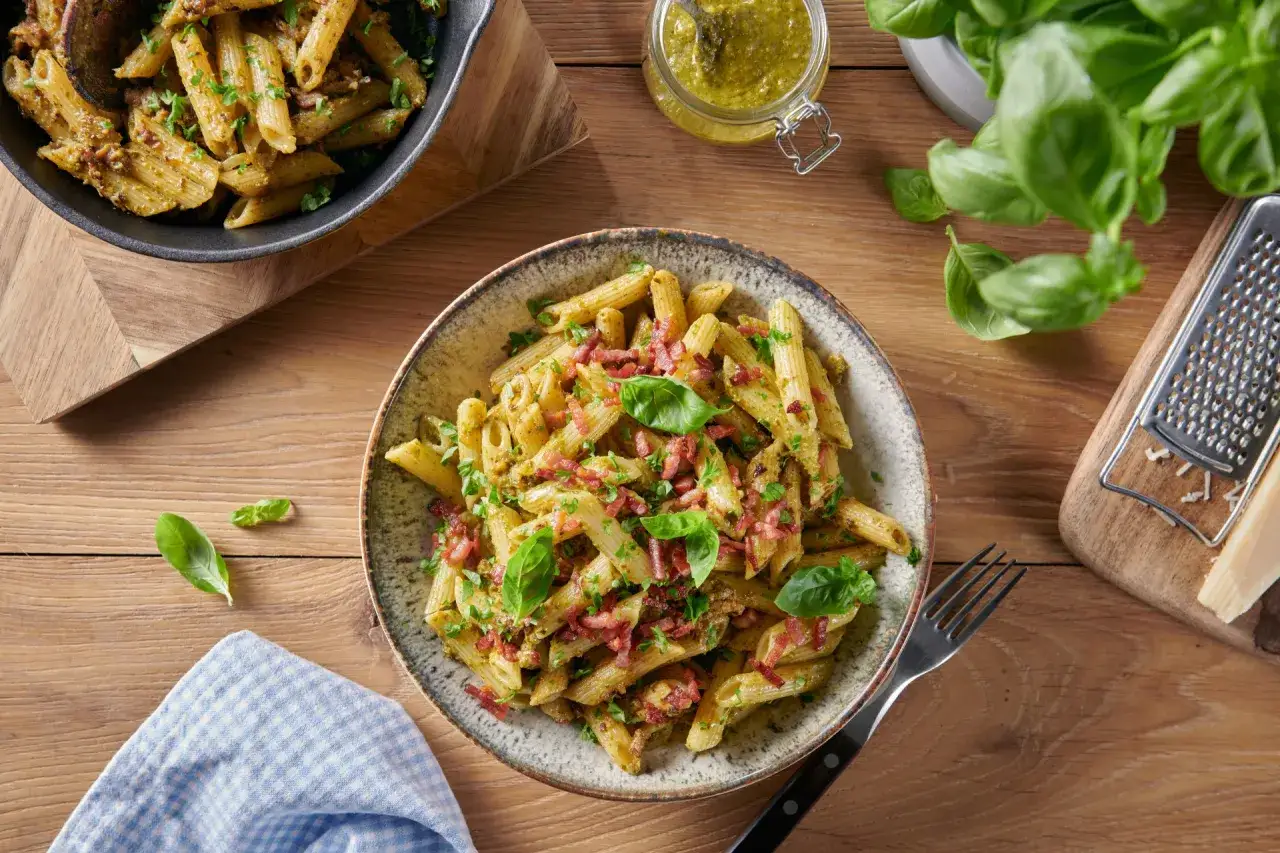 Penne z aromatycznym pesto, chrupiącym boczkiem i świeżą bazylią. Idealne pesto z makaronem na szybki obiad.